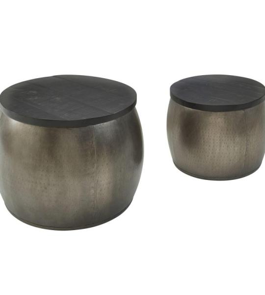 Design Salontafel, 2-delige set, mango, massief hout, rond, zilver, woonkamertafel, aluminium afneembaar deksel, bijzettafel, modern, metaal/hout, 2-delig, met opbergruimte