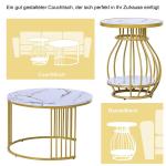 Ronde salontafel, set van 2, rond, modern, woonkamertafel met metalen frame, bijzettafel, salontafel, koffietafel voor woonkamer, wit-goud marmerlook