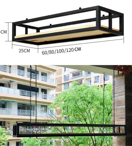 Decken-Blumentopf-Gestell Hängender Blumenständer Schwebende Regale Mit Massivholzplatte Und Eisenrahmen, Hölzernes Hängeregal Für Wohnzimmer Restaurant Bar Blumenladen Balkon