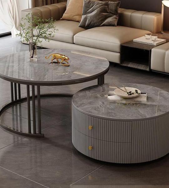 Moderne, runde Couchtische, 2er-Set, mit großem Stauraum für Wohnzimmer, Schlafzimmer, Büro, Balkon und Wohnung, einfache Pflege, Grau, 60 x 34 cm + 80 x 45 cm
