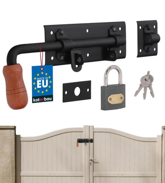 Deurgrendel links met hangslot, deurgrendel, boutgrendel, slotgrendel, schuifvergrendeling, gepoedercoat, deursluiting, 280 mm