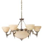 Hanglamp Marbella, 9-lamps, vintage, rustiek, hanglamp van gepolijst gegoten metaal, albastglas in champagne-kleur, eettafellamp, woonkamerlamp met E14-fitting
