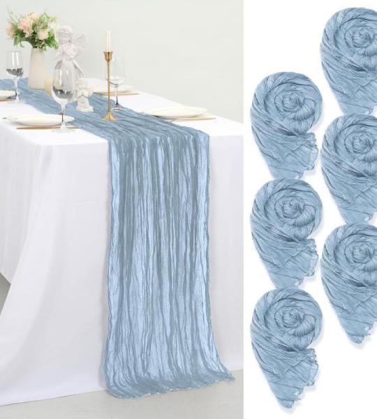 Tafelloper met kaasdoek, 6 stuks, stofblauw, 55 x 300 cm, rustieke gaasstof, boho-decoratie, tafelloper, kaasdoek, tafeldecoratie voor bruiloft, feest, bruidsdouche, tafeldecoratie