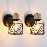 Set van 2 industriële wandlampen, vintage, kooi, van metaal, wandlamp, binnen, zwart, verstelbaar, wandlamp, hout, E27, voor slaapkamer, hal, woonkamer