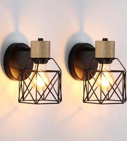 Set van 2 industriële wandlampen, vintage, kooi, van metaal, wandlamp, binnen, zwart, verstelbaar, wandlamp, hout, E27, voor slaapkamer, hal, woonkamer