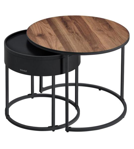 Salontafel rond, set van 2, bijzettafel, bijzettafel, modern, verborgen opbergruimte, dienblad, voor woonkamer, slaapkamer, balkon, natuurlijke walnootkleuren inktzwart LCT044K43