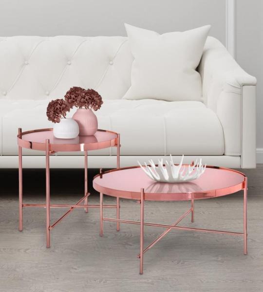 Salontafel, set van 2, diameter 43 x 45 cm + Ø 75 x 35 cm, rond, koper, metaal/glas, uniek, modern, woonkamertafels met glasplaat en metalen frame, bijzettafel, glazen tafel, koff