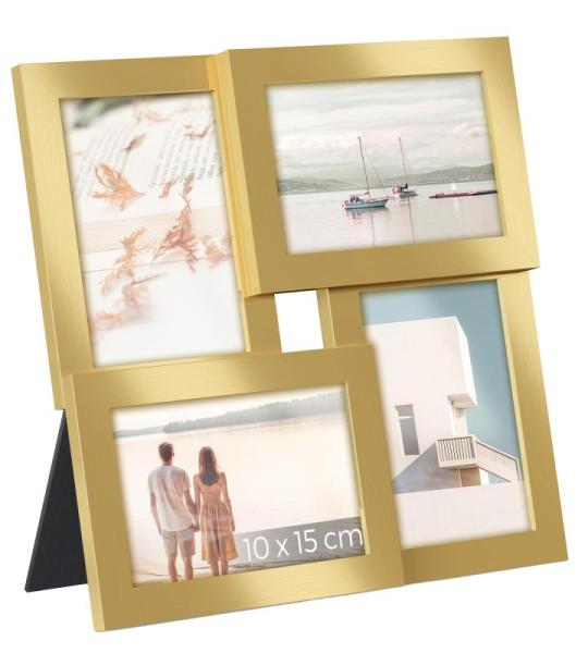 Fotolijst-collage, 4 fotolijsten voor 10 x 15 cm foto's, fotocollage, wandcollage, multilijsten, wanddecoratie, lichtgoud RPF025A01