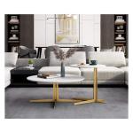 Stijlvolle Moderne Zwarte Marmer Look Nesting Salontafels Set met Goud Metalen Frame voor Woonkamer of Home Decor