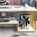 Witte salontafel met opbergruimte, rechthoekige banktafels open plank voor woonkamer, marmeren afwerking in het midden en metalen frame eetkamer thuiskantoor decor zwart, 100 cm (3