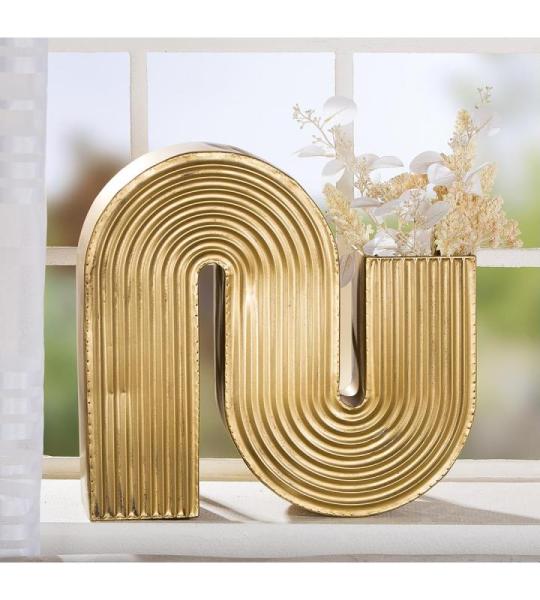 Casablanca Moderne decoratieve vaas met groeven - metalen groefvaas - grote vaas voor pampasgras decoratie woonkamer cadeau verjaardagscadeau - kleur: goud breedte 45 cm