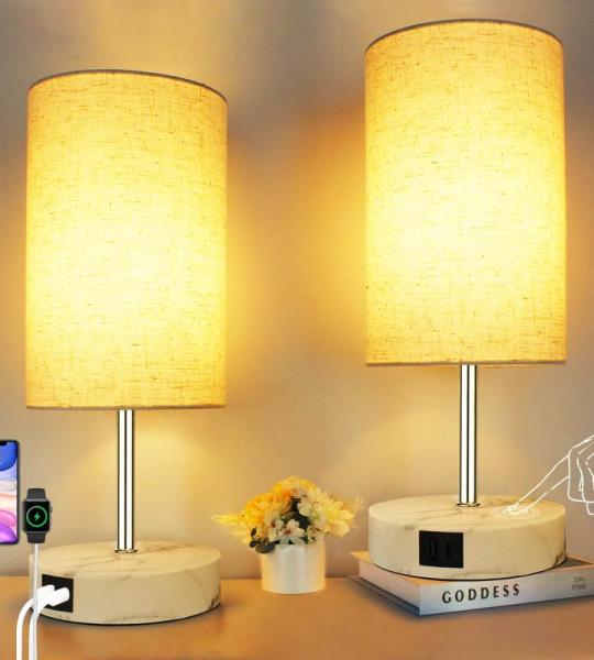 Set van 2 bedlampjes, touch dimbaar, met oplaadfunctie, tafellamp, 3-weg, dimbaar, met 2 USB-poorten, tafellamp E27, wit, incl. warmwitte lamp voor cadeau, slaapkamer, woonkamer, k