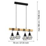 hanglamp Townshend 5, 4-lichts vintage pendellamp in industrieel ontwerp, retro plafondlamp hangend van staal en hout, kleur zwart, bruin, FSC gecertificeerd, E27