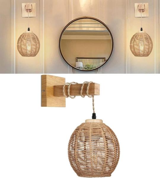Vintage Wandlamp Met Gevlochten Rotan Lampenkap,E27 Retro Wandlamp Met Schakelaar En Stekker Dimbare Wandlamp,Boho Lamp Rustiek,Voor Slaapkamer Hal Foyer Bars Hotels