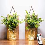 Mason Jar Licht,(2 stuks), rustieke wanddecoratie, lichtketting in glas, groene namaakplant, woonkamer houten decoratie met warmwitte tuinhanglampen voor buiten (afstandsbediening)