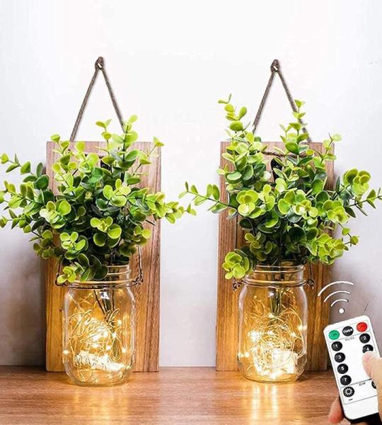 Mason Jar Licht,(2 stuks), rustieke wanddecoratie, lichtketting in glas, groene namaakplant, woonkamer houten decoratie met warmwitte tuinhanglampen voor buiten (afstandsbediening)