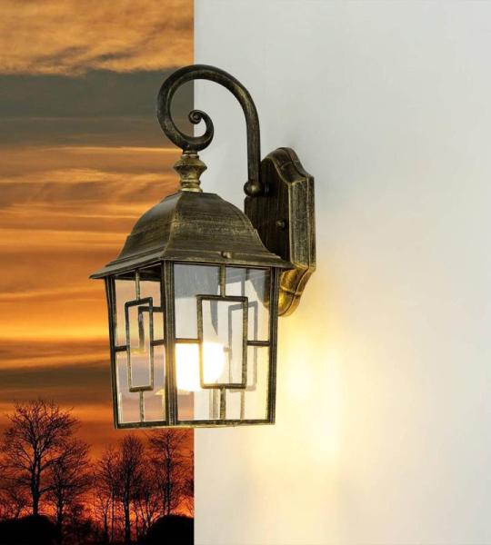 VRIESEN Wandlamp voor aan de muur, aluminium, glas, in antiek goud, IP23, voor tuin, terras, hoogte: 37 cm, E27, Tiffany, rustieke buitenlamp voor huisdeur