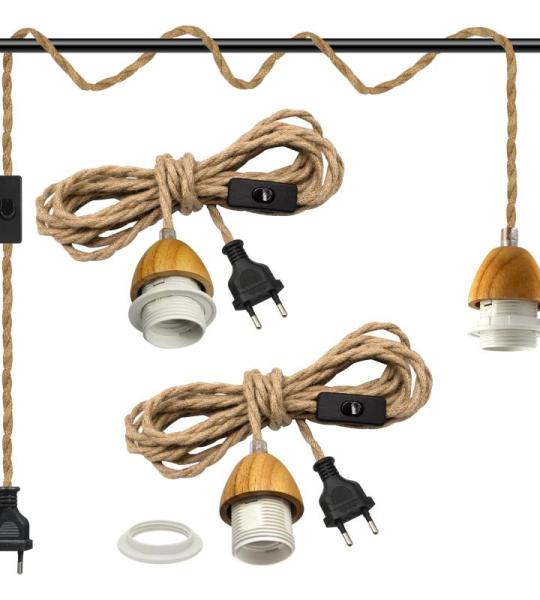 Industriële hanglampenset met schakelaar, 2 stuks retro E27 lampfitting met kabel 510 cm, vintage hanglamp met stekker, rustiek henneptouw, lampenkap, doe-het-zelf, voor slaapkame