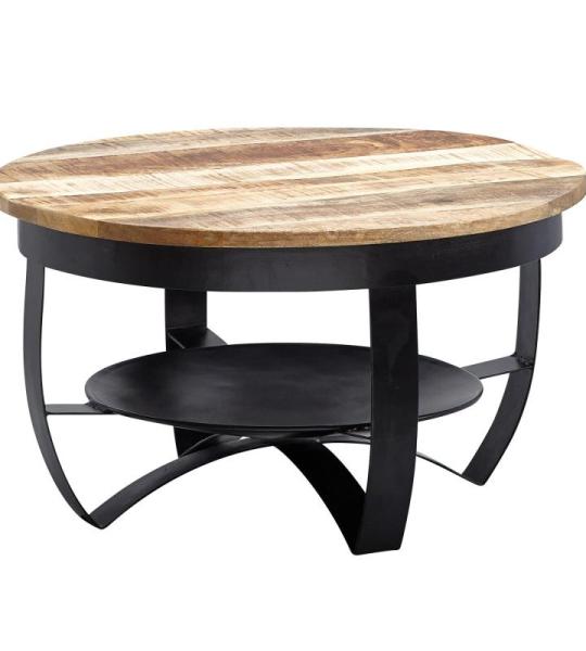 FineBuy Salontafel, 60 x 34 x 60 cm, mango massief hout/metaal, industrieel, zwart, rond, salontafel, woonkamertafel, massief, kleine tafel, salontafel, woonkamer