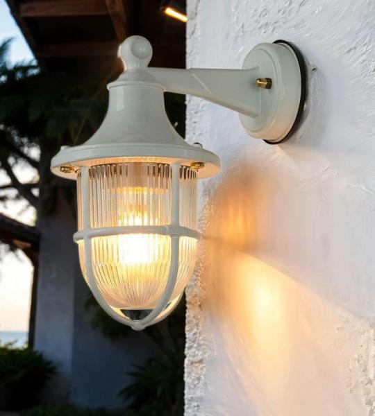 Buiten wandlamp Maritiem IP64 Wit E27 Echt messing glas SANTORIN Buitenlamp Wandlamp HuisBalkon