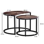 salontafel set van 2 Mango massief houten/metalen salontafel rond | Industriële bijzettafel met metalen poten zwart | 2-delige placemat bijzettafel van hout