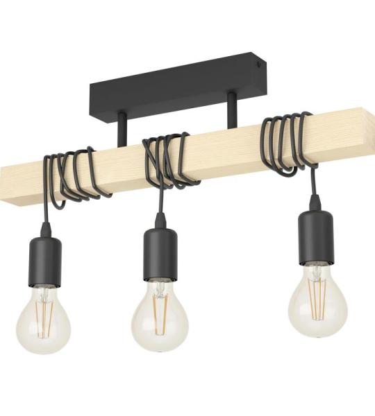 Deckenlampe Townshend, 3 flammige Vintage Deckenleuchte im Industrial Design, Retro Pendelleuchte aus Stahl und Holz, Schwarz, braun, FSC zertifiziert, E27 Fassung