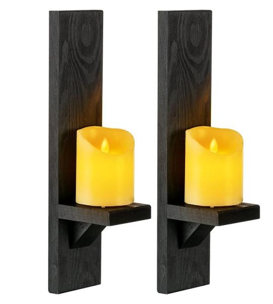 Houten kandelaar, wandhouder, zwart, wandhouder, kaarsenstandaard voor kaarsen, set van 2, vintage wanddecoratie, wandkaarsenhouder voor theelichtjes, woonkamer, landhuisdecoratie,
