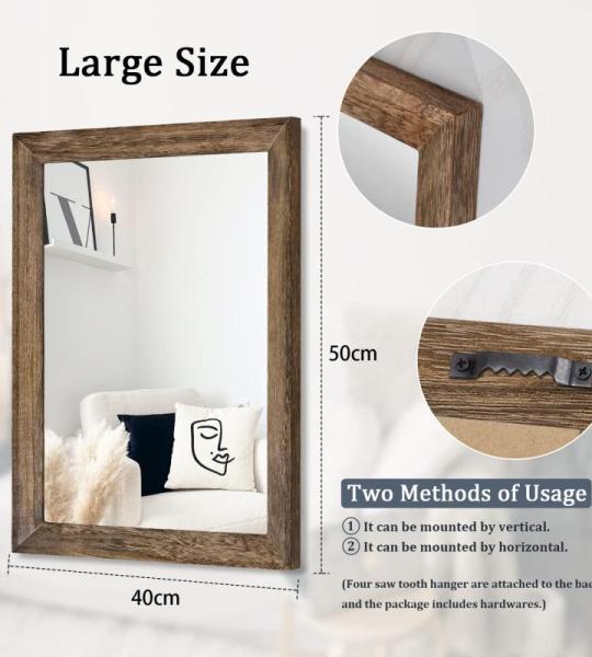 Rustieke houten spiegel, rechthoekig, decoratief, grote wandspiegel, 50 x 40 cm, met frame, slaapkamer, woonkamer, badkamer, hangspiegel, bruin