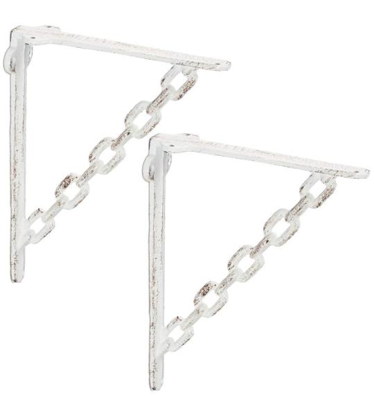 Plankhoek gietijzer, set van 2, antiek, vintage plankdrager, kettingmotief, wandhouder voor planken, wit