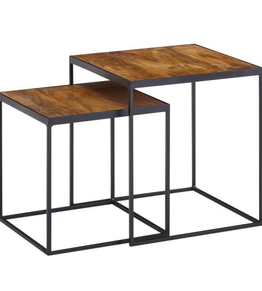 FineBuy Woonkamertafel, set van 2, mango, massief hout/metaal, bijzettafel, rechthoekig, design bijzettafel, industrieel, salontafel, vierkant, tafelset, 2-delige set