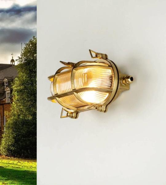 Outdoor wandlamp messing glas IP64 voordeur Ingang D: 10 cm E27 max. 18 W geribbeld rustieke maritieme buitenlamp muur SKIATHOS