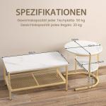Set van 2 salontafels, bijzettafel, marmerlook met metalen frame en plank, koffietafel, woonkamertafel, banktafel voor woonkamer, slaapkamer (wit + goud)