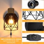 Wandlamp voor binnen, vintage, met stekker en dimbare schakelaar, industriële E27 draaibare retro lamp, wandlamp, hout, metaal, kooi, wandlampen voor woonkamer, slaapkamer, hal