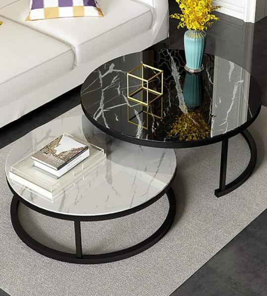 Marmeren Textuur Nesting Salontafels Set van 2 Elegante Metalen Bijzettafels voor Woonkamer Ronde Stapelbare Eindtafels voor Stapelen
