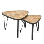 Set van 2 mango/acacia massief houten driehoekig | Bruine salontafel met metalen poten | Placemat 2-delige nesttafel hout/metaal zwart
