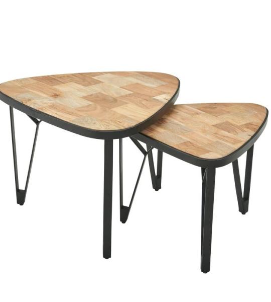 Set van 2 mango/acacia massief houten driehoekig | Bruine salontafel met metalen poten | Placemat 2-delige nesttafel hout/metaal zwart
