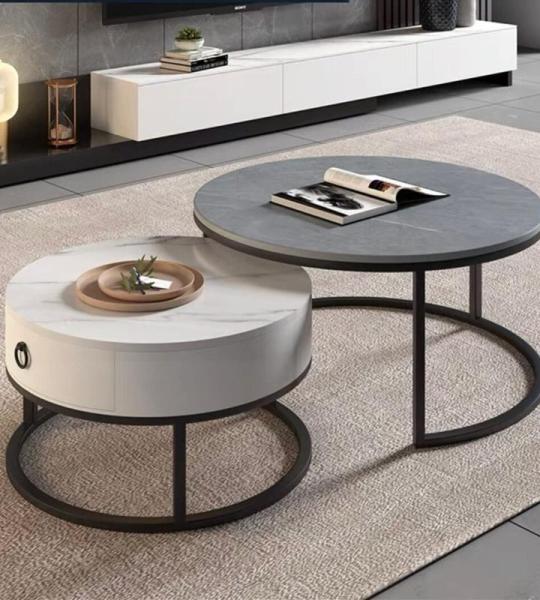 Ronde salontafel, moderne salontafelset met 2 stuks en goud/zwart stalen frame, stijlvolle set salontafel voor woonkamer en kleine ruimtes, tafelblad van MDF-marmer, thuis en