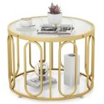 Ronde salontafel met 2 glasplaten en opbergruimte en draaibaar metalen frame, gouden bijzettafel, koffietafel voor woonkamer