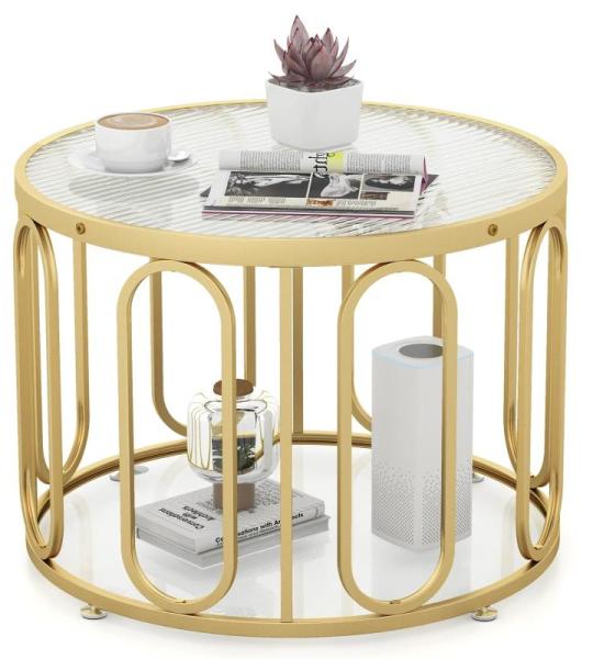 Ronde salontafel met 2 glasplaten en opbergruimte en draaibaar metalen frame, gouden bijzettafel, koffietafel voor woonkamer
