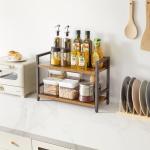 2-Tier Spice Rack Industriële Counter Plank Desktop Opslag Organizer Staande Kruiden Rack voor Aanrecht Keuken Kantoor Woonkamer Desktop Rustiek Bruin TLJ002H