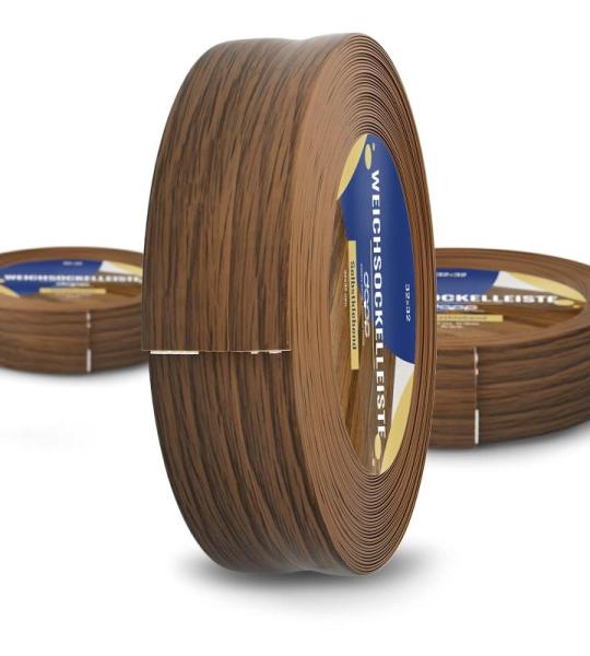 DQ-PP Zachte plint, 25 m, rustiek eiken, 32 x 23 mm, pvc, zelfklevend, knikhoek plint, hoekprofiel, aansluitprofiel, vloerlijst, rubberen plint