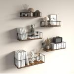 Houten planken voor muur, set van 5, zwevende wandplanken met stangen, rustieke wandplank voor slaapkamer, keuken, badkamer, woonkamer