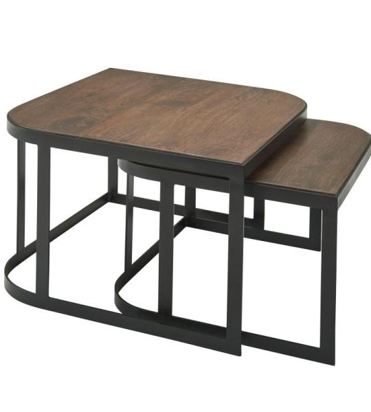 salontafel set van 2 Mango massief houten/metalen salontafel bruin | Industriële bijzettafel bijzettafel metalen poten zwart | 2-delige placemat bijzettafel van hout