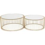 Design salontafel Wire (2/set), messing, 63/53 cm diameter, bijzettafel, nachtkastje, stalen frame, tafelblad van veiligheidsglas, woonkamer, rond, 34 x 70 x 70 cm (H/B/D)