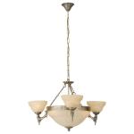 Hanglamp Marbella, 6-lamps, vintage, rustiek, hanglamp van gepolijst gegoten metaal, albastglas in champagne-kleur, eettafellamp, woonkamerlamp met E14-fitting