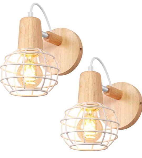2 Stück Wandleuchte Vintage Industrial Wandlampen 135° Verstellbar Holz E27 Retro Metallkäfig Design Wandleuchte für Wohnzimmer Badezimmer Flur (Weiß)