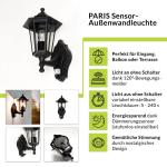 Buiten wandlamp met bewegingsmelder aluminium glas zwart IP44 terras D:23 cm E27 lantaarn nostalgische sensor wandlamp PARIS