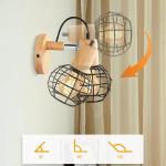 Wandlamp, vintage, industriële wandlampen, 135 graden verstelbaar, hout, E27, retro metalen kooi, design, wandlamp voor woonkamer, badkamer, hal (zwart)
