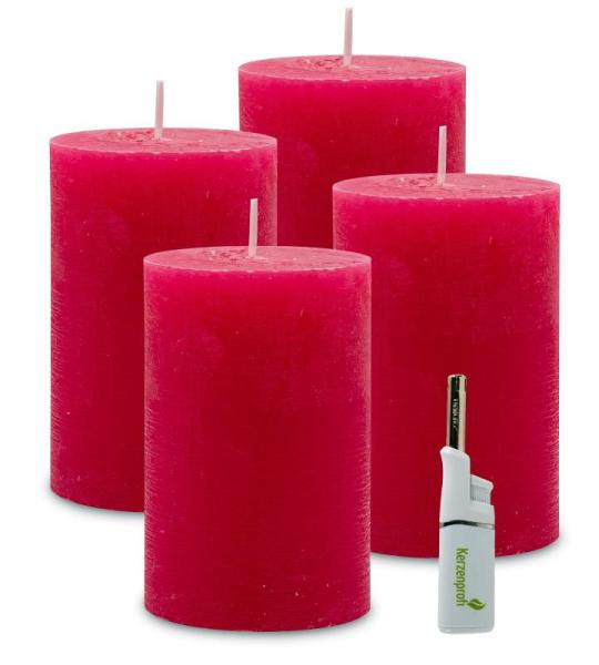 : 4 x Rustieke pool-stompkaarsen 120/78 mm. Brandduur ca. 60 uur! incl. Candle Profi staafaansteker - Duitse merkfabrikant - RAL gecertificeerd (fraise)