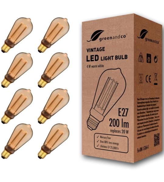 8x  Vintage Design LED lamp in retro stijl voor sfeerverlichting E27 ST64 Edison lamp, 4W 200lm 1800K extra warm wit 320° 230V flikkervrij, niet dimbaar